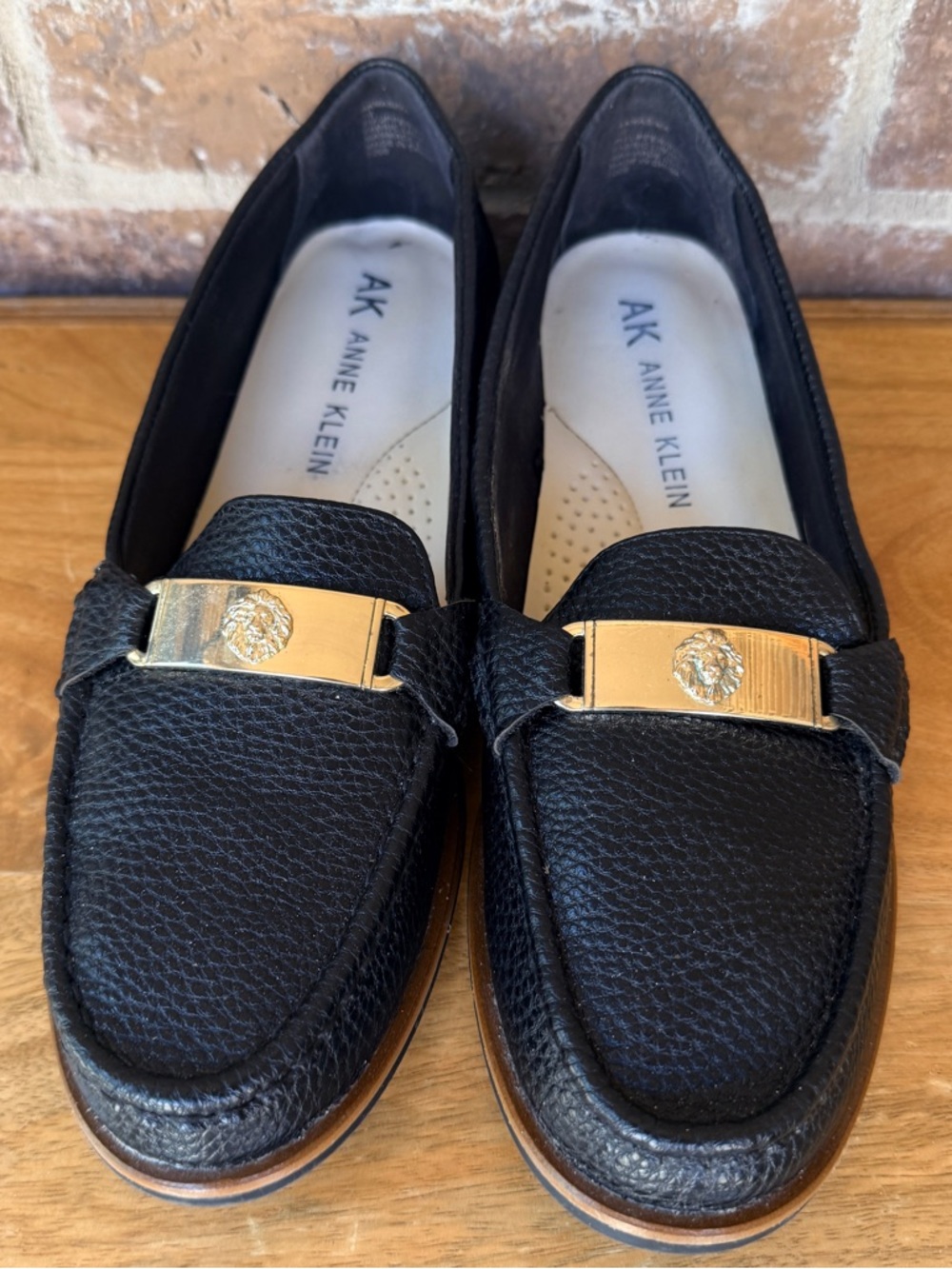 Anne Klein Black Pebbled Leather Loafers with Gold-Tone Hardware